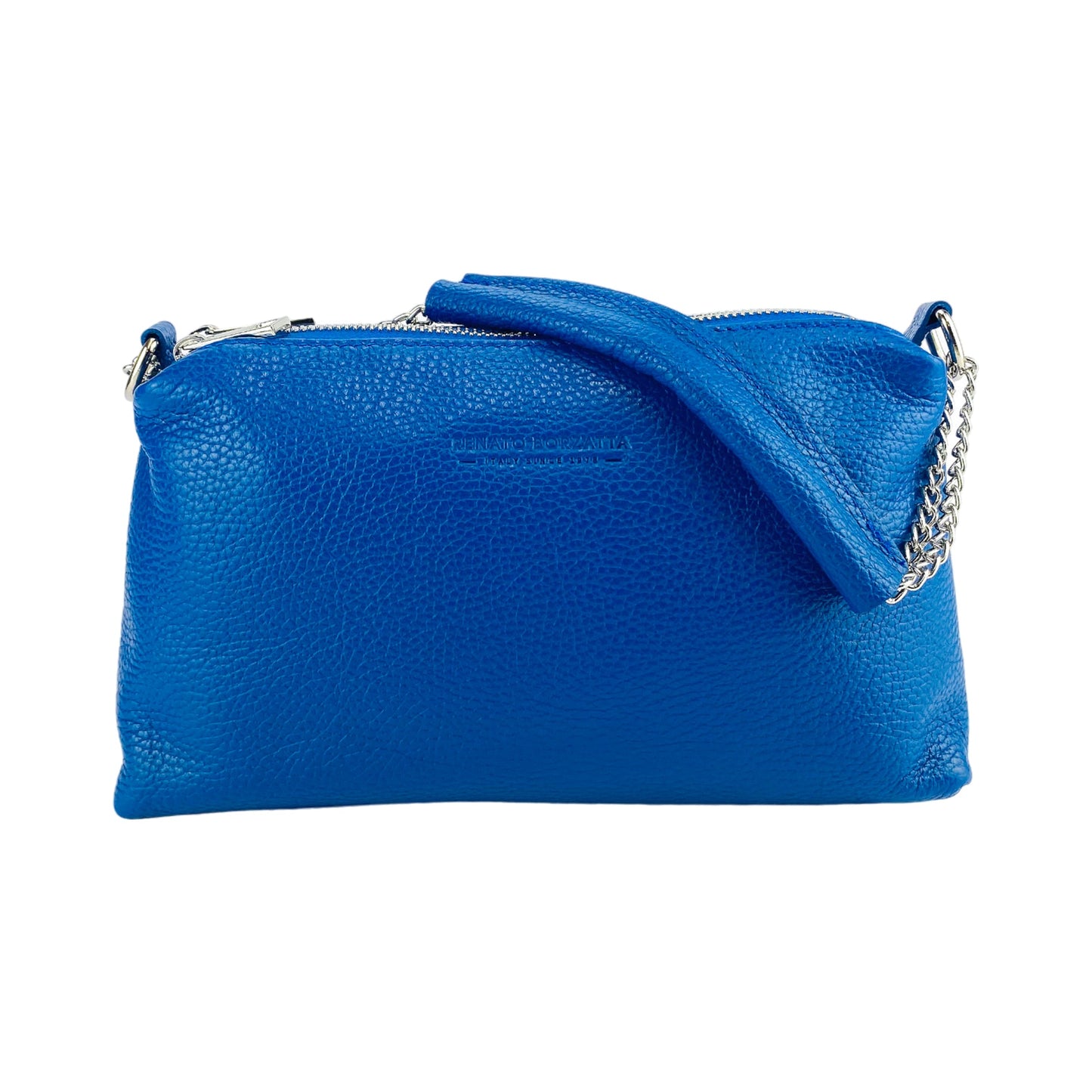RB1025CH | Borsa Donna a Mano con doppia lampo in Vera Pelle Made in Italy. Tracolla in pelle regolabile. Accessori Nickel Lucido - Colore Blu Royal - Dimensioni: cm 26 x 14 x 9-3